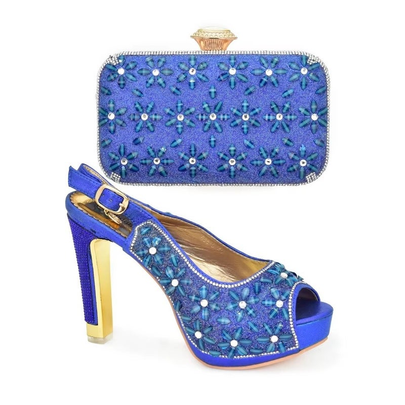 حفل مع صنادل مرنة ذات كعب عالٍ ورأس دائري على شكل فم سمكة مع حقيبة يد مرصعة بالألماس - Image 3